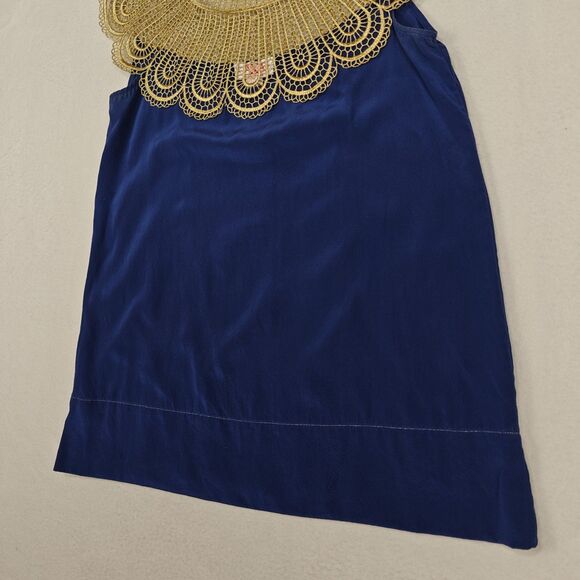 AKA New York Gold Lace Collar Blue Silk Blouse Size S Ornate Statement Regency - Picture 5 of 14